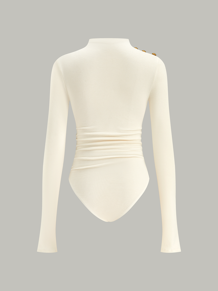 Ruched Shoulder-Decor Long Sleeve Bodysuit