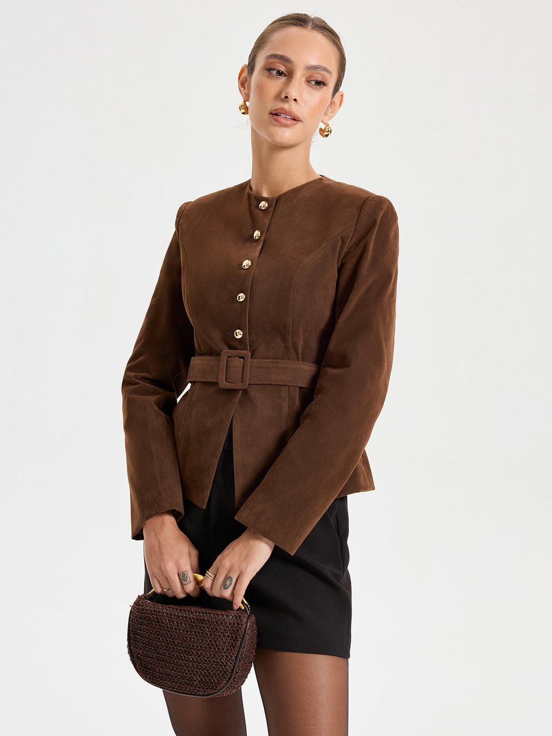 Belted Suede Effect Metal Button Blazer