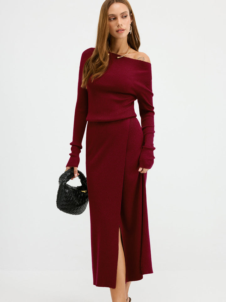 Off-Shoulder Ribbed Wool Blend Maxi Dress