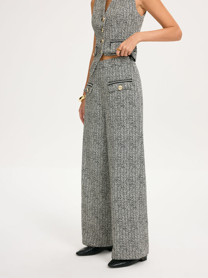 Metal Detail Tweed Wide-Leg Pants