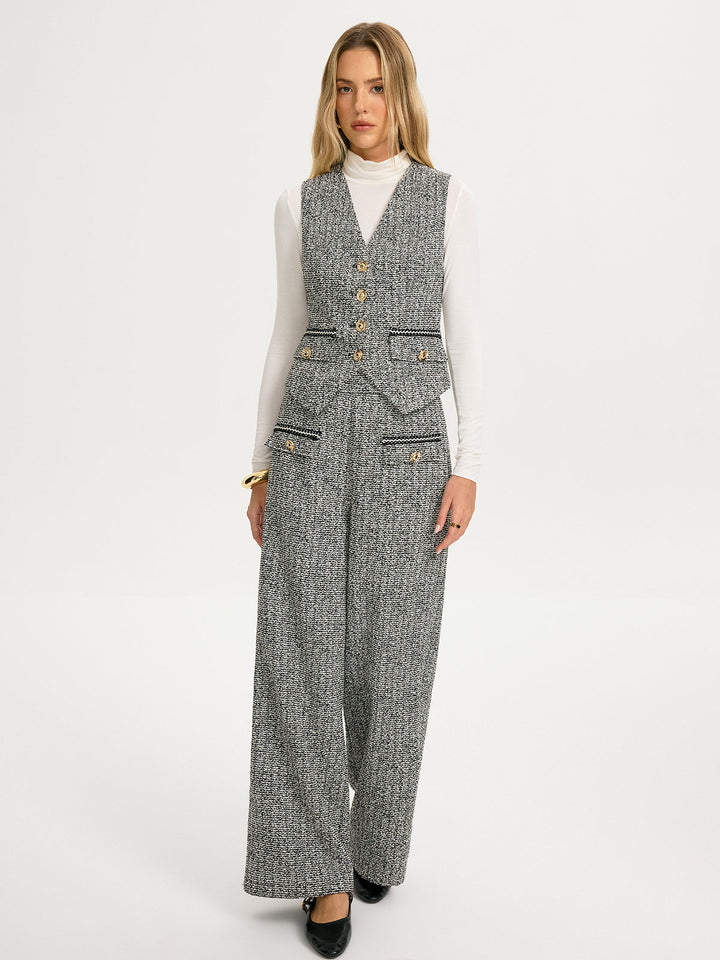 Metal Detail Tweed Wide-Leg Pants
